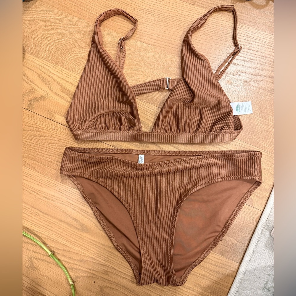 aerie Ribbed Triangle Bikini Set - Brown
